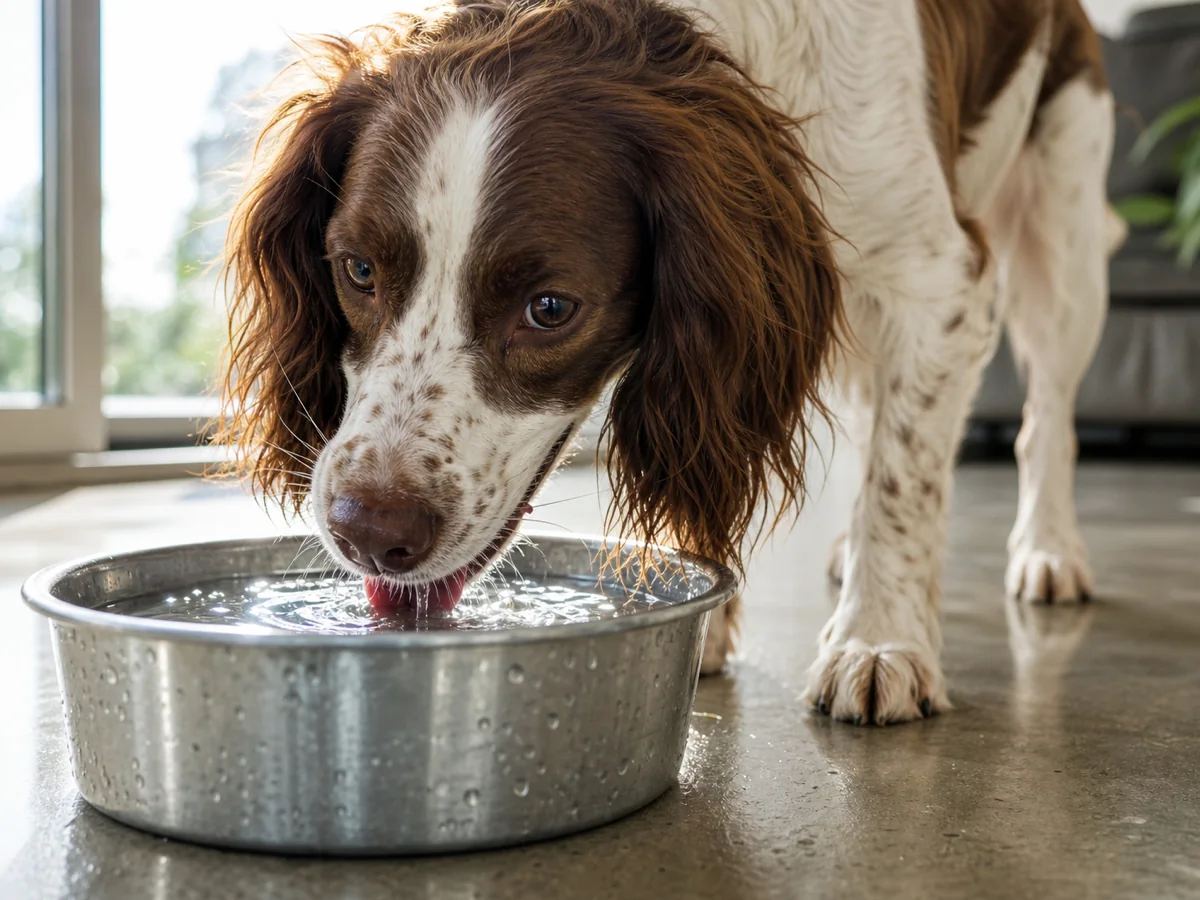 A spaniel drinking from a steel water bowl