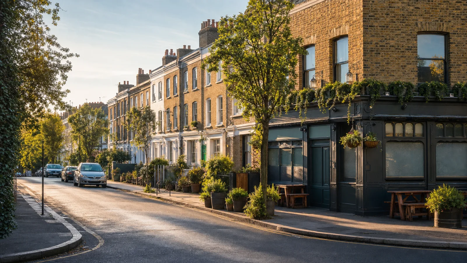 A quiet Hackney residential street in early morning sunlight