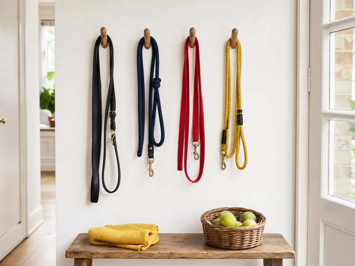 Four dog leads hanging from oak pegs on a clean white wall