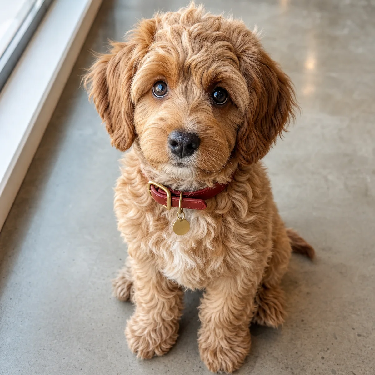 A cockapoo puppy with a red collar and brass nametag