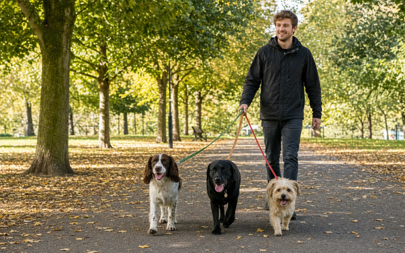 Tom walking three dogs on leads through Victoria Park on an autumn morning