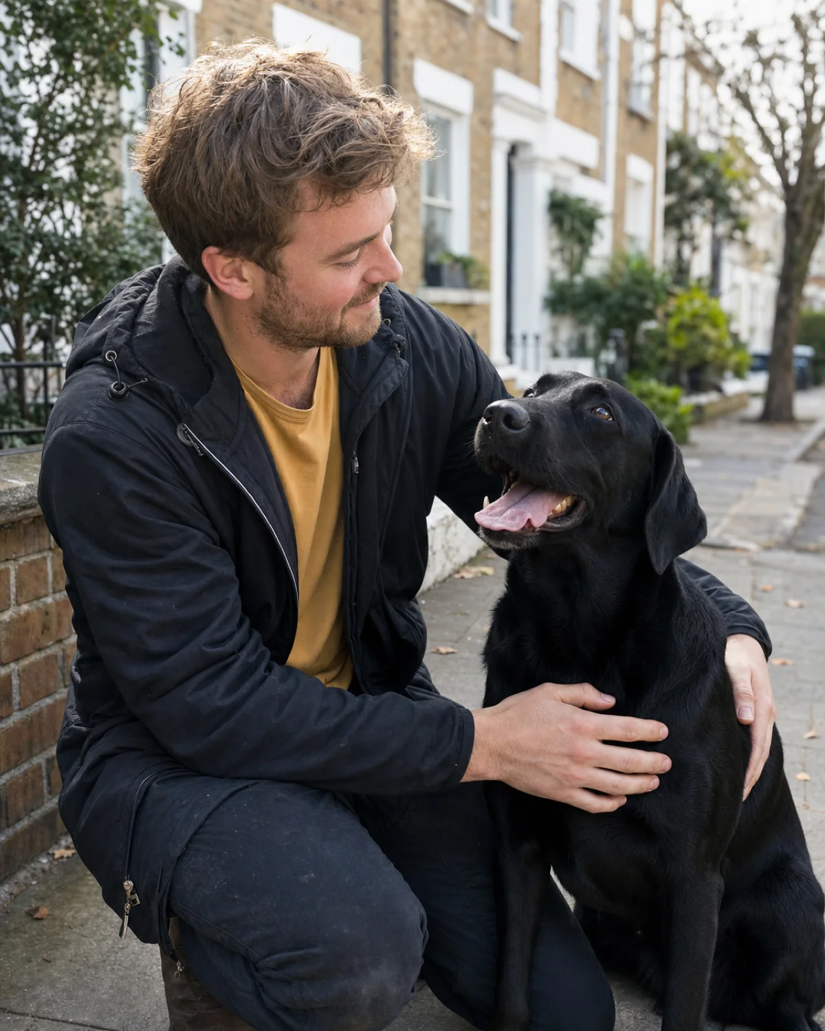 Tom kneeling next to a happy black labrador on a Hackney pavement